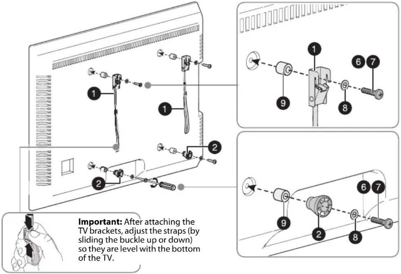 Important: After attaching the TV brackets, adjust the straps (by sliding the buckle up or down) so they are level with the bottom of the TV.
