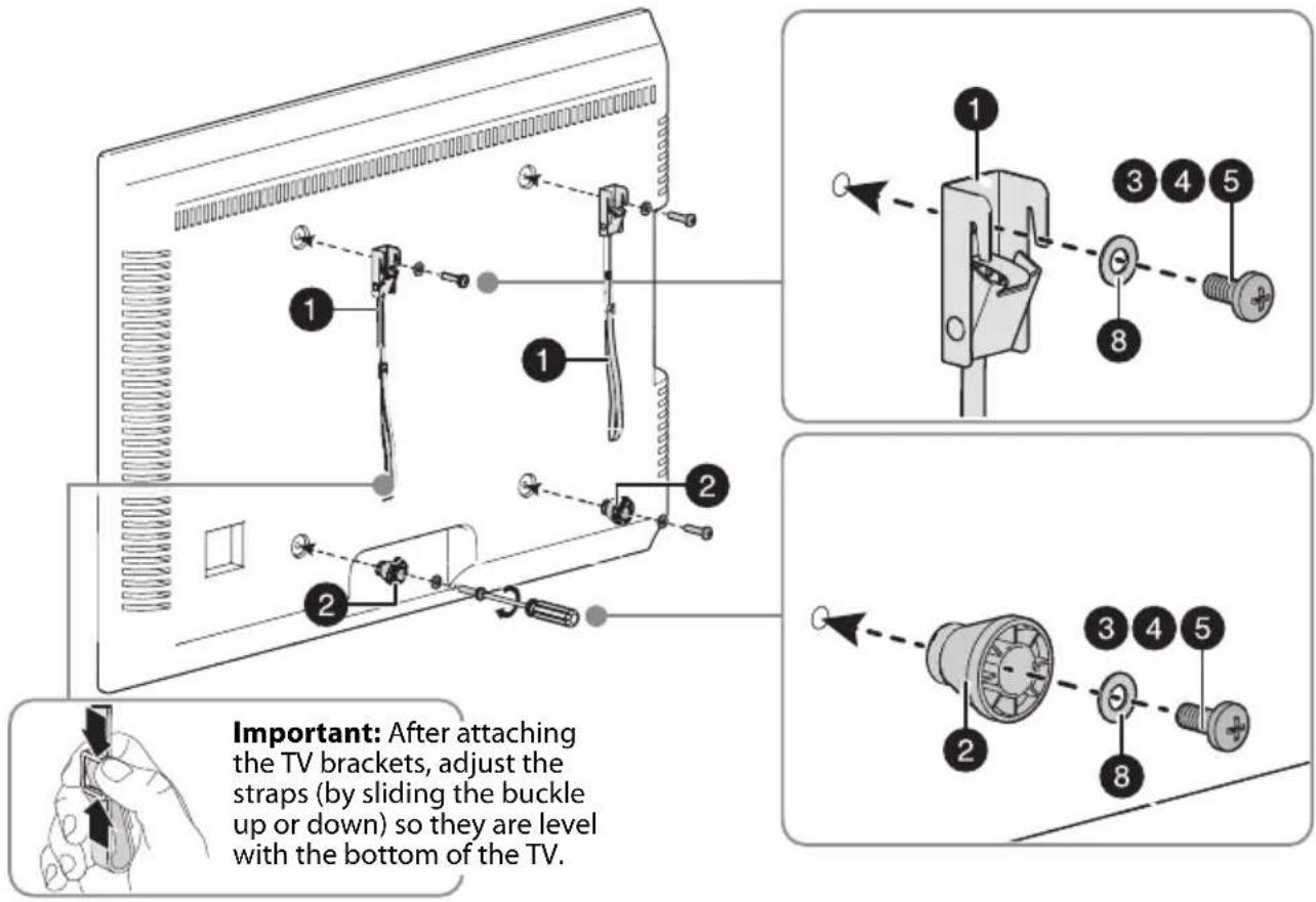 Important: After attaching the TV brackets, adjust the straps (by sliding the buckle up or down) so they are level with the bottom of the TV.