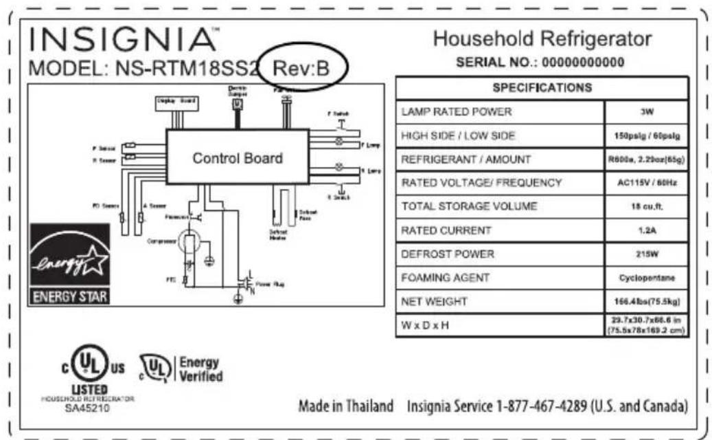 INSIGNIA™ MODEL: NS-RTM18SS2 Rev:B Household Refrigerator SERIAL NO.: 00000000000 SPECIFICATIONS LAMP RATED POWER 3W HIGH SIDE / LOW SIDE 150pslg / 60pslg REFRIGERANT / AMOUNT R800a, 2.2lbs(65g) RATED VOLTAGE/ FREQUENCY AC115V / 60Hz TOTAL STORAGE VOLUME 18 cu.ft. RATED CURRENT 1.2A DEFROST POWER 215W FOAMING AGENT Cyclopentane NET WEIGHT 166.4lbs(75.5kg) W x D x H 29.7x30.7x68.6 in (75.5x78x169.2 cm) Made in Thailand Insignia Service 1-877-467-4289 (U.S. and Canada)