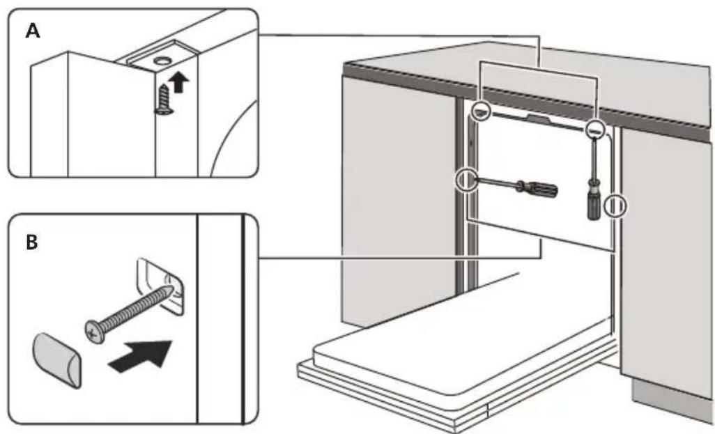 Technical diagram showing two steps of a mechanical assembly: (A) assembly with screw and nut, (B) assembly with screws and screwdriver, both demonstrating tool path.