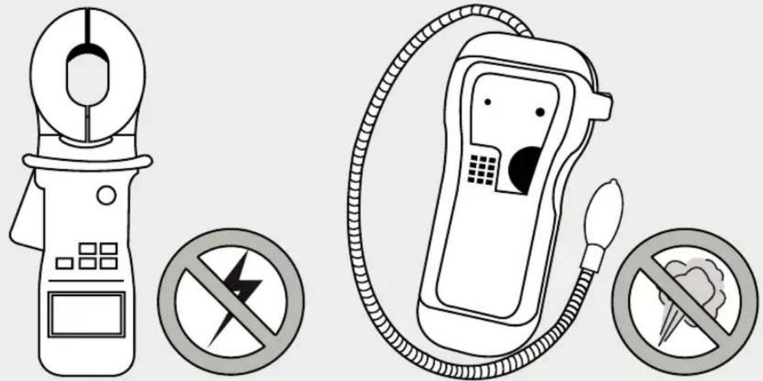 Safety warning illustration showing electric shock absorber, no/no pollution symbols, and a mobile phone with a warning symbol.