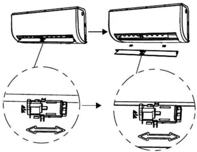 Diagram showing airflow or ventilation system components of a wall-mounted air conditioner, with labeled parts and directional arrows indicating flow direction.
