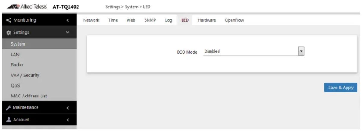 Allied Telesis AT-TQ1402 Settings > System > LED Monitoring Settings System LAN Radio VAP / Security QoS MAC Address List Maintenance Account Network Time Web SNMP Log LED Hardware OpenFlow ECO Mode Disabled Save & Apply