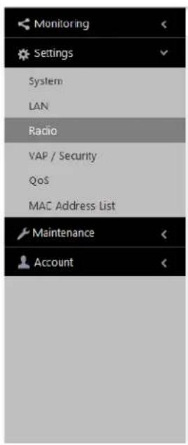 Monitoring Settings System LAN Radio VAP / Security QoS MAC Address List Maintenance Account