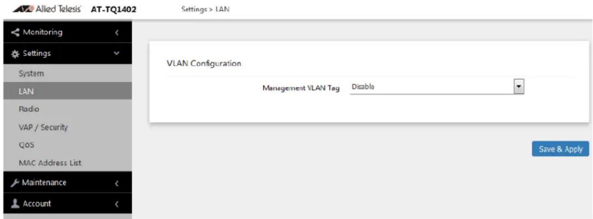 Allied Telesis' AT-TQ1402 Settings > LAN Monitoring Settings System LAN Radio VAP / Security QoS MAC Address List Maintenance Account VLAN Configuration Management VLAN Tag Disable Save & Apply