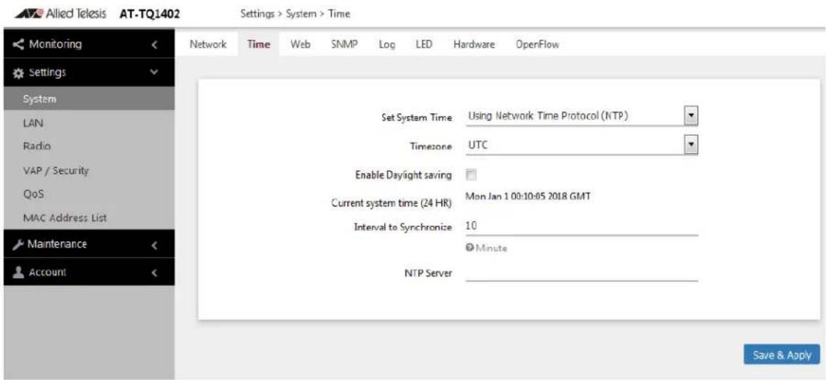 Allied Telesis AT-TQ1402 Settings > System > Time Monitoring Settings System LAN Radio VAP / Security QoS MAC Address List Maintenance Account Network Time Web SNMP Log LED Hardware OpenFlow Set System Time Using Network Time Protocol (NTP) Timezone UTC Enable Daylight saving Current system time (24 HR) Mon Jan 1 00:10:05 2018 GMT Interval to Synchronize 10 Minute NTP Server Save & Apply
