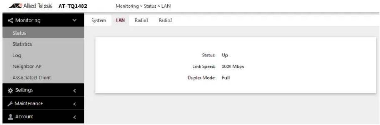 Allied Telesis AT-TQ1402 Monitoring > Status > LAN Monitoring Status Statistics Log Neighbor AP Associated Client Settings Maintenance Account System LAN Radio1 Radio2 Status: Up Link Speed: 1000 Mbps Duplex Mode: Full
