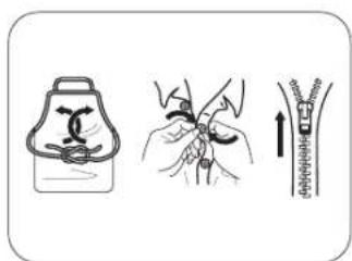 Illustration showing a medical procedure with a bottle, hand holding a needle, and a zipper mechanism.