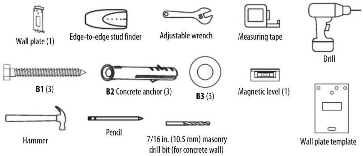 Wall plate (1) Edge-to-edge stud finder Adjustable wrench Measuring tape Drill B1 (3) B2 Concrete anchor (3) B3 (3) Magnetic level (1) Hammer Pencil 7/16 in. (10.5 mm) masonry drill bit (for concrete wall) Wall plate template