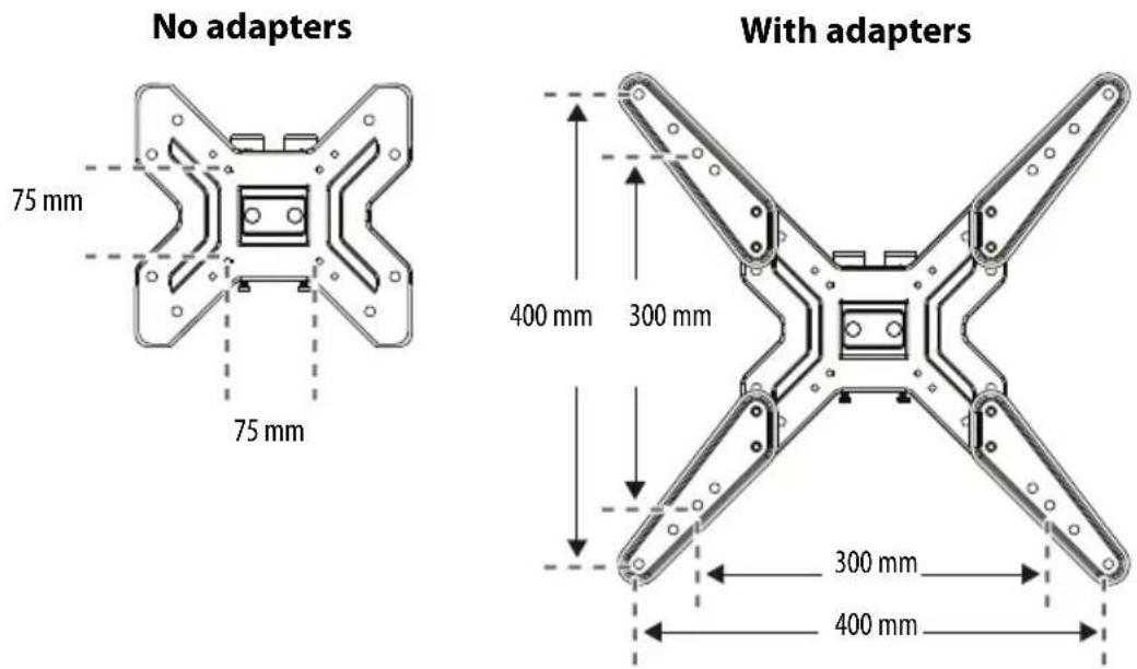 No adapters 75 mm 75 mm With adapters 400 mm 300 mm 300 mm 400 mm