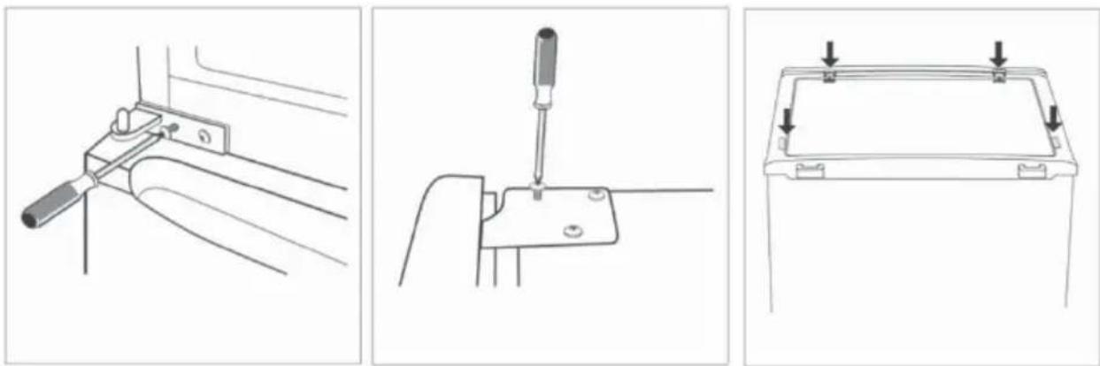 Three technical diagrams showing mechanical assembly steps: tool insertion, screwdriver insertion, and tray installation (no text or symbols)