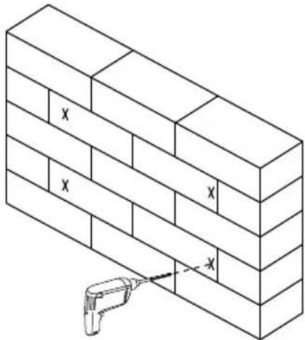 Isometric line drawing of a brick wall with a power drill, showing no text or symbols