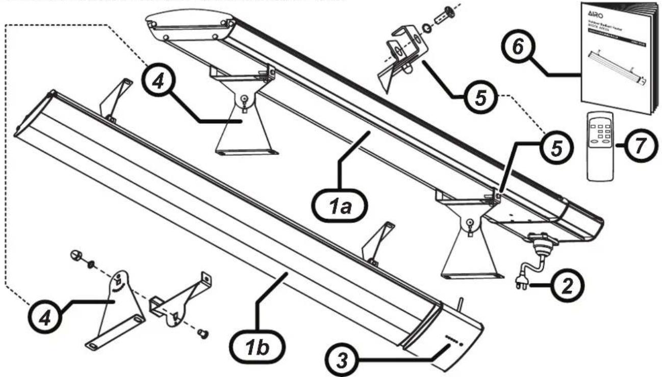 Technical diagram of a mechanical assembly with numbered components and labeled parts, including a control panel and remote control unit.