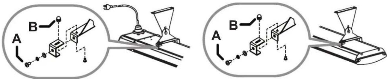 Technical diagram showing three stages of a mechanical device with labeled components A and B, including tool paths and assembly steps.