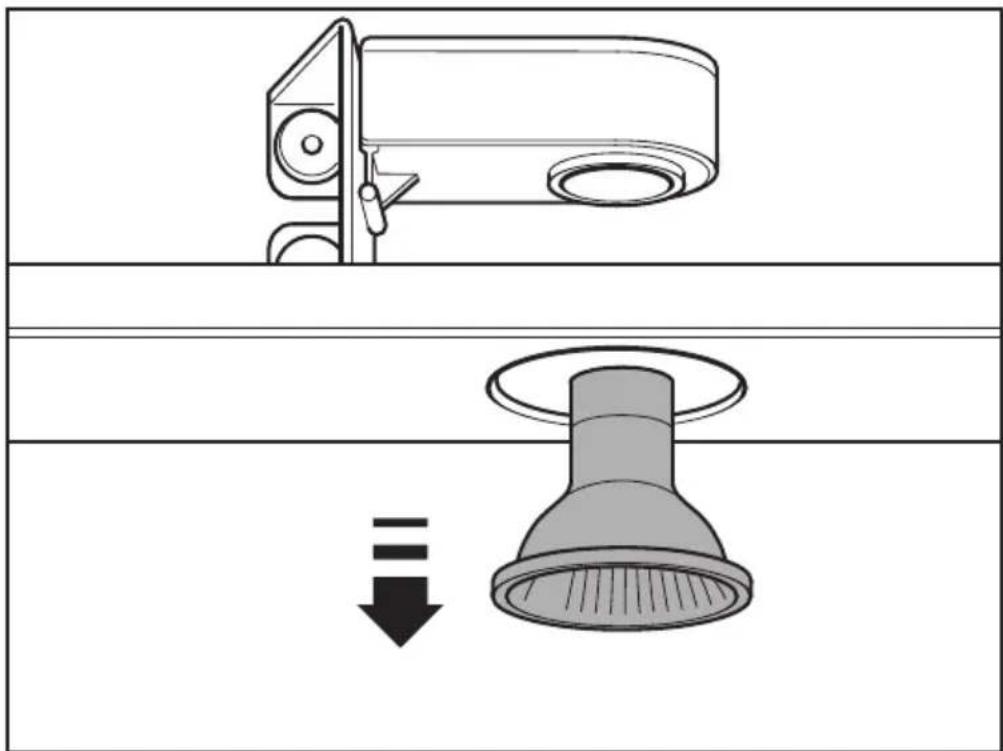 Diagram showing a door handle and a down arrow, likely illustrating a mechanical or electrical component setup.