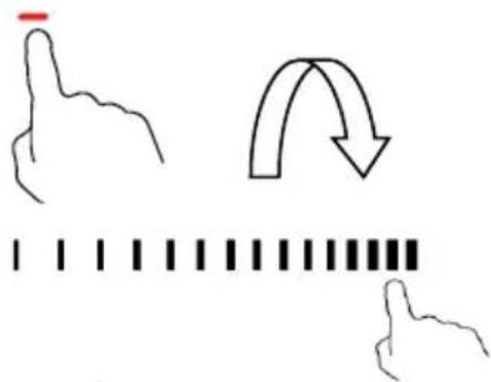 Diagram showing hand gestures and a curved arrow, likely illustrating a movement or rotation process.