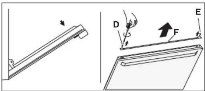 Technical diagram showing a lever mechanism with labeled components D, E, F and directional arrows indicating motion or force.