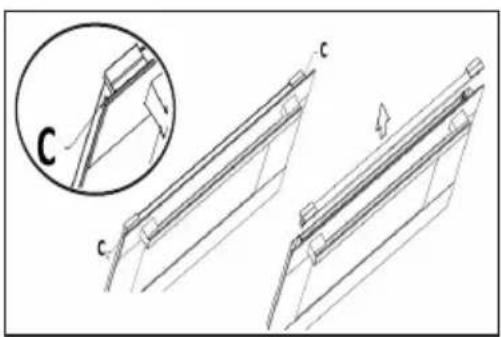 Technical diagram showing a mechanical assembly with labeled components C and c, including an inset magnified view of a bracket detail.