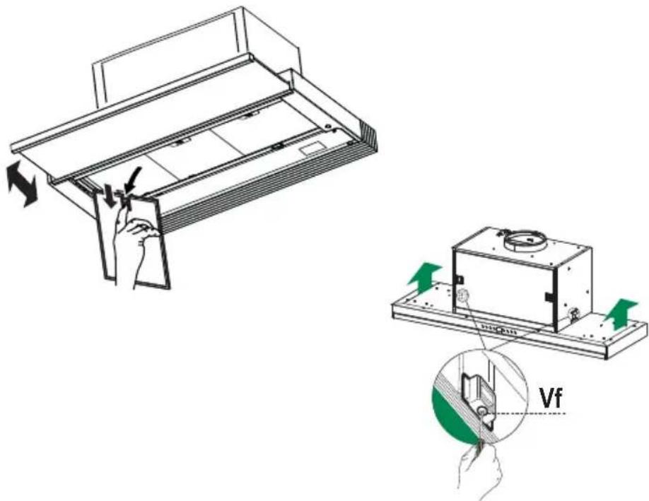 Technical diagram showing a device with a hand operating a switch and a magnified view of the internal component labeled Vf.