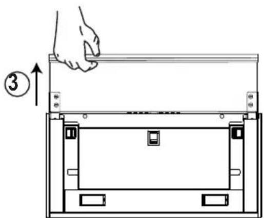 Diagram showing a hand holding a tool above a device with labeled components and an arrow indicating direction, marked with number ③.