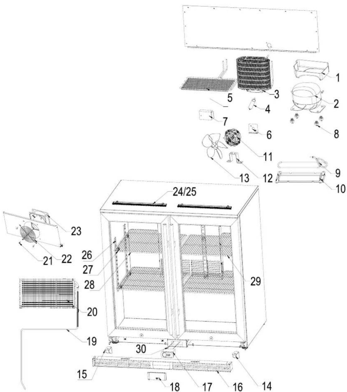 Technical diagram of an air conditioning unit with numbered components and labeled parts