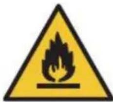 Warning sign depicting a flame symbol in yellow and black on a white background