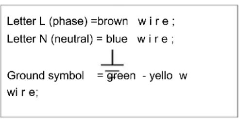 Letter L (phase) = brown wire; Letter N (neutral) = blue wire; Ground symbol = green - yellow wire;