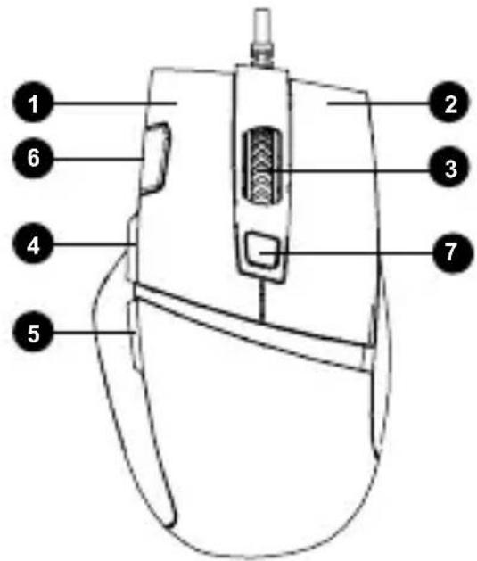 Diagram of a computer mouse with numbered parts labeled for identification