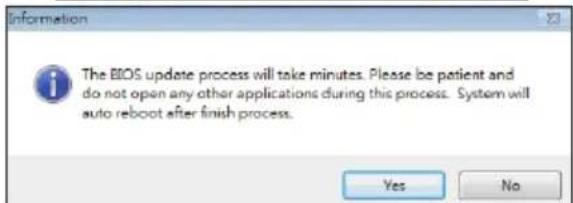 Information The BIOS update process will take minutes. Please be patient and do not open any other applications during this process. System will auto reboot after finish process. Yes No