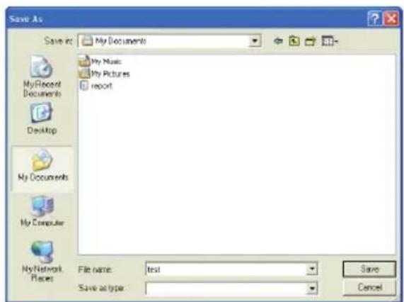 Save As Save in: My Documents My Music My Pictures report MyRecent Documents Desktop My Documents My Computer My Network Places File name: test Save as type: Save Cancel