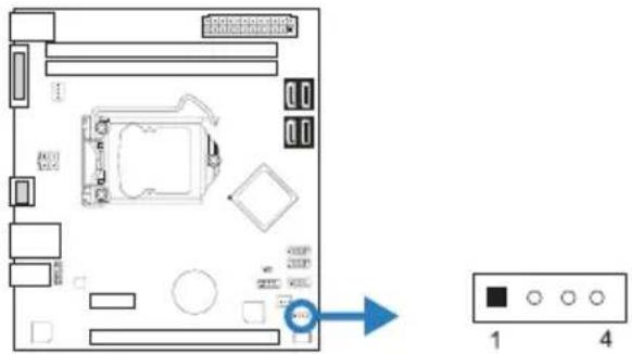 Diagram of a computer motherboard layout with labeled components and a directional arrow indicating orientation.