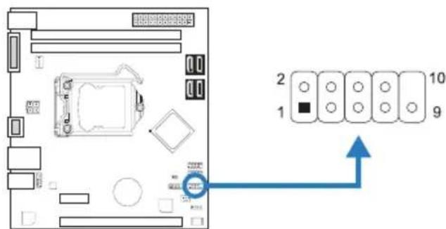 Diagram of a computer motherboard with labeled components and an arrow pointing to a 10-pin keypad