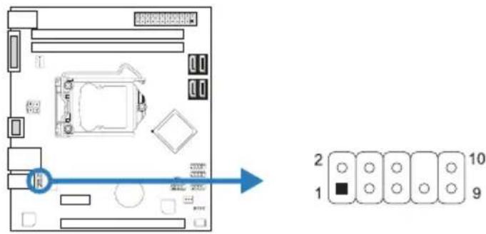 Diagram of a computer motherboard layout with labeled components and a corresponding diagram showing 10 numbered slots.