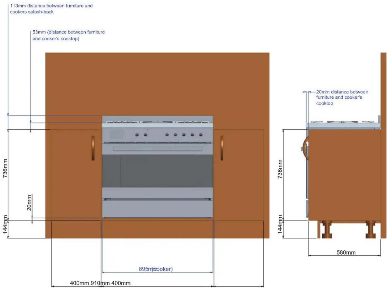113mm distance between furniture and cookers splash-back 53mm (distance between furniture and cooker's cooktop) 736mm 20mm 144mm 895mm(cooker) 400mm 910mm 400mm 20mm distance between furniture and cooker's cooktop 736mm 144mm 580mm