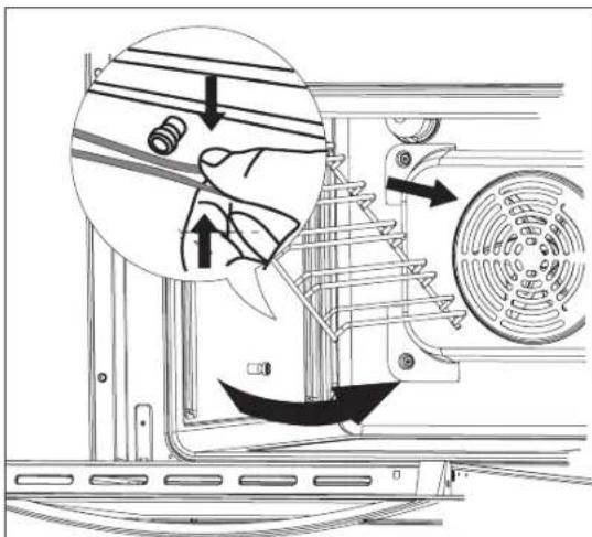 Technical diagram showing a hand operating a fan blade with directional arrows indicating motion or force, alongside a magnified view of the blade's internal structure.