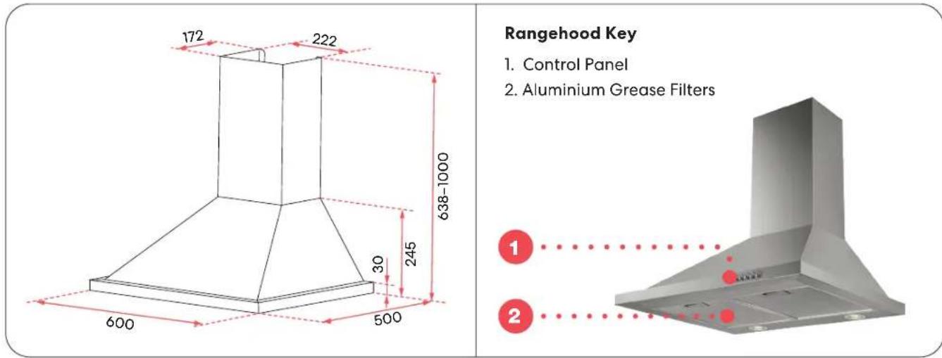 172 222 638-1000 30 245 600 500 Rangehood Key 1. Control Panel 2. Aluminium Grease Filters ① ②