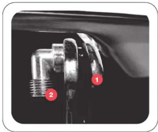 Close-up of a mechanical component with numbered annotations indicating parts 1 and 2
