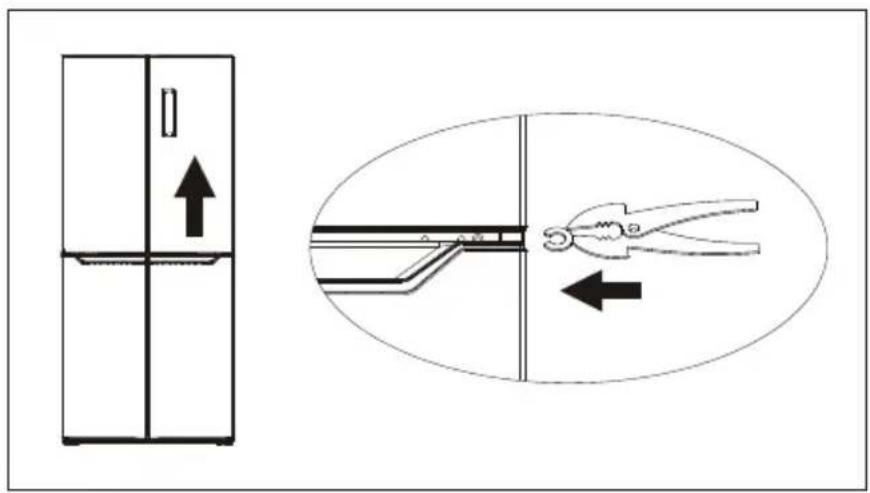 Diagram showing a refrigerator with an upward arrow and a close-up of a tool in a pan, illustrating the process of lifting or removing a piece.