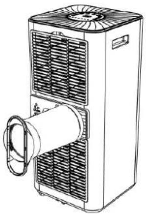 Line drawing of a two-tiered industrial air conditioner unit with cooling fans and ventilation duct (no text or symbols)