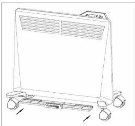 Line drawing of a portable electric heater with wheels and ventilation slots (no text or symbols)