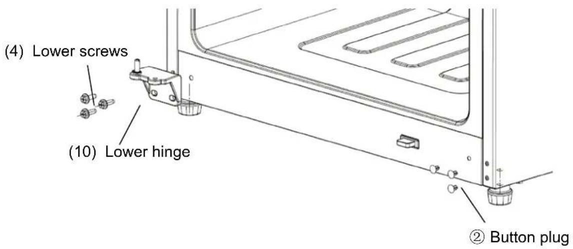 (4) Lower screws (10) Lower hinge ② Button plug