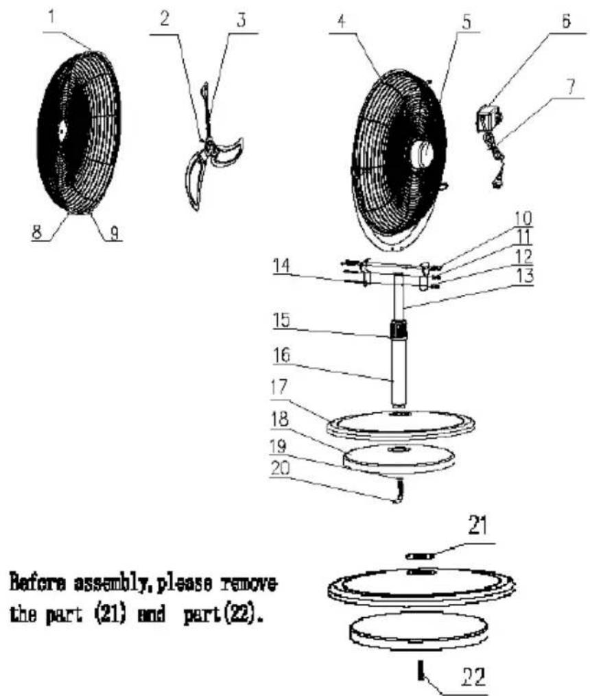 Before assembly, please remove the part (21) and part (22).