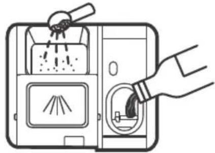 Line drawing of a device with a hand inserting a plug into a container, showing internal components and wiring (no text or symbols)