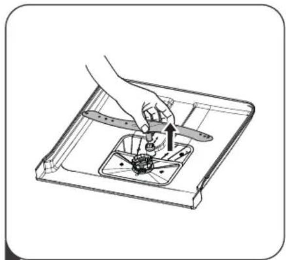 Illustration of a hand using a tool to adjust or install a mechanical component inside a tray (no text or symbols visible)