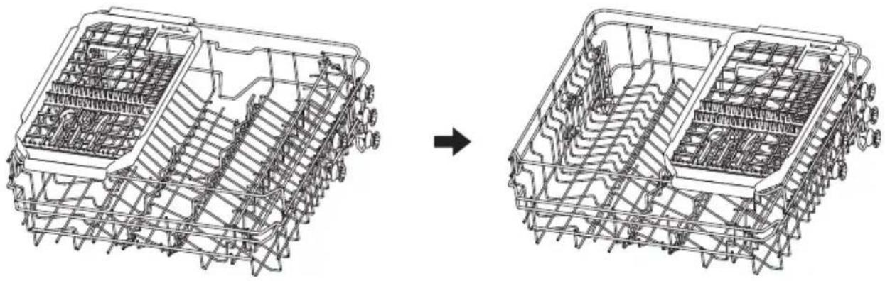 Technical line drawing of a mechanical assembly before and after transformation (no text or symbols)