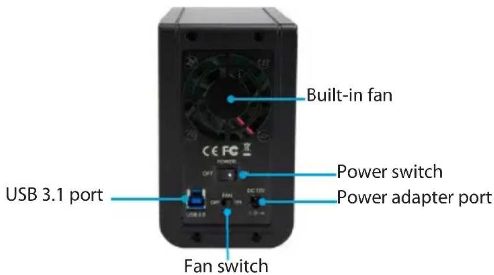 Built-in fan Power switch Power adapter port USB 3.1 port Fan switch