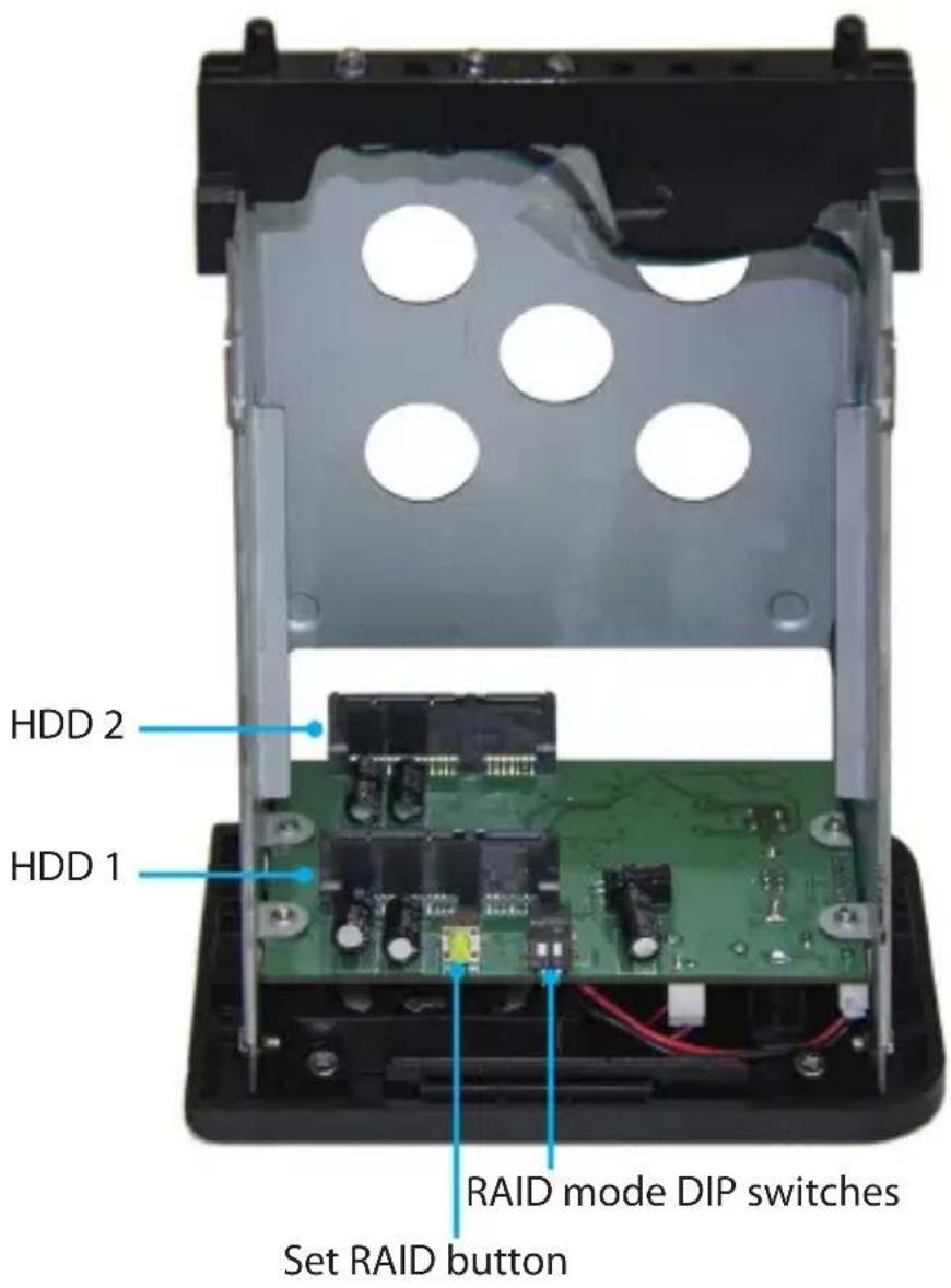 HDD 2 HDD 1 RAID mode DIP switches Set RAID button