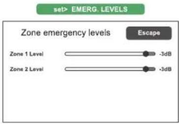 set> EMERG. LEVELS Zone emergency levels Escape Zone 1 Level -3dB Zone 2 Level -3dB