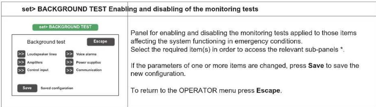 set> BACKGROUND TEST Enabling and disabling of the monitoring tests set> BACKGROUND TEST Background test Escape >> Loudspeaker lines >> Voice alarms >> Amplifiers >> Power supplies >> Control input >> Communication Save Saved configuration Panel for enabling and disabling the monitoring tests applied to those items affecting the system functioning in emergency conditions. Select the required item(s) in order to access the relevant sub-panels *. If the parameters of one or more items are changed, press Save to save the new configuration. To return to the OPERATOR menu press Escape.