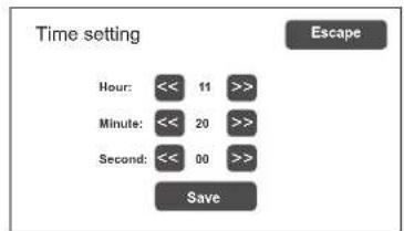 Time setting Hour: << 11 >> Minute: << 20 >> Second: << 00 >> Save Escape